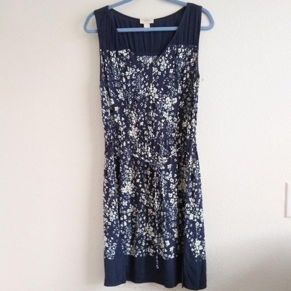 LOFT sleeveless rayon navy print dress, L